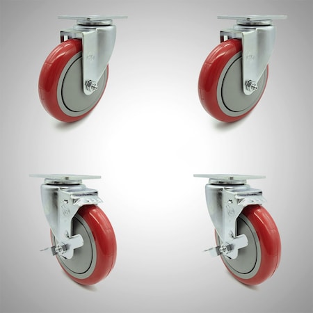 5 Inch SS Red Polyurethane Swivel Top Plate Caster Set With 2 Brakes SCC
